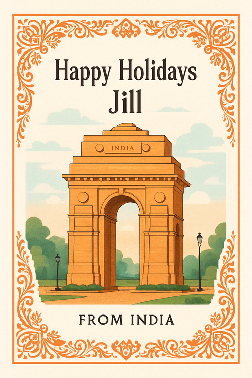 Create a beautiful designed greeting card with the text "Happy Holidays Jill From India" and the theme India Gate