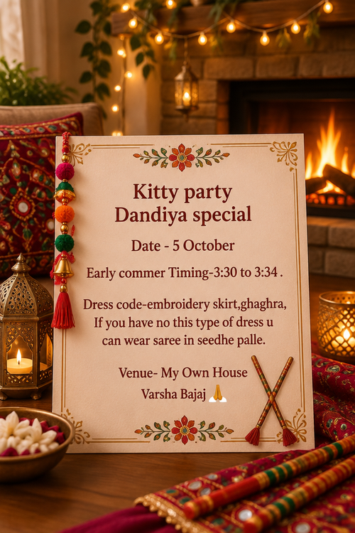 Kitty party Dandiya special Date - 5 October Early commer Timing-3:30 to 3:34 . Dress code-embroidery skirt,ghaghra, If you have no this type of dress u can wear saree in seedhe palle. Venue- My Own House Varsha Bajaj 🙏