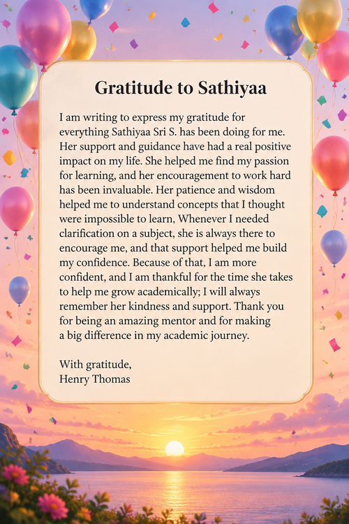 [center][b]"Gratitude to Sathiyaa"[/b][/center]


I am writing to express my gratitude for everything Sathiyaa Sri S. has been doing for me. Her support and guidance have had a real positive impact on my life. She helped me find my passion for learning, and her encouragement to work hard has been invaluable. Her patience and wisdom helped me to understand concepts that I thought were impossible to learn. Whenever I needed clarification on a subject, she is always there to encourage me, and that support helped me build my confidence. Because of that, I am more confident, and I am thankful for the time she takes to help me grow academically; I will always remember her kindness and support. Thank you for being an amazing mentor and for making a big difference in my academic journey.

With gratitude,
Henry Thomas