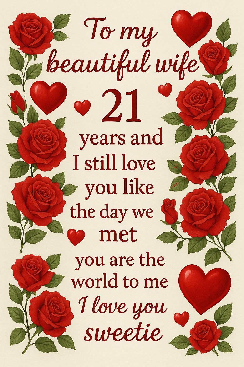 To my beautiful wife 21 years and I still love you like the day we met you are the world to me I love you sweetie