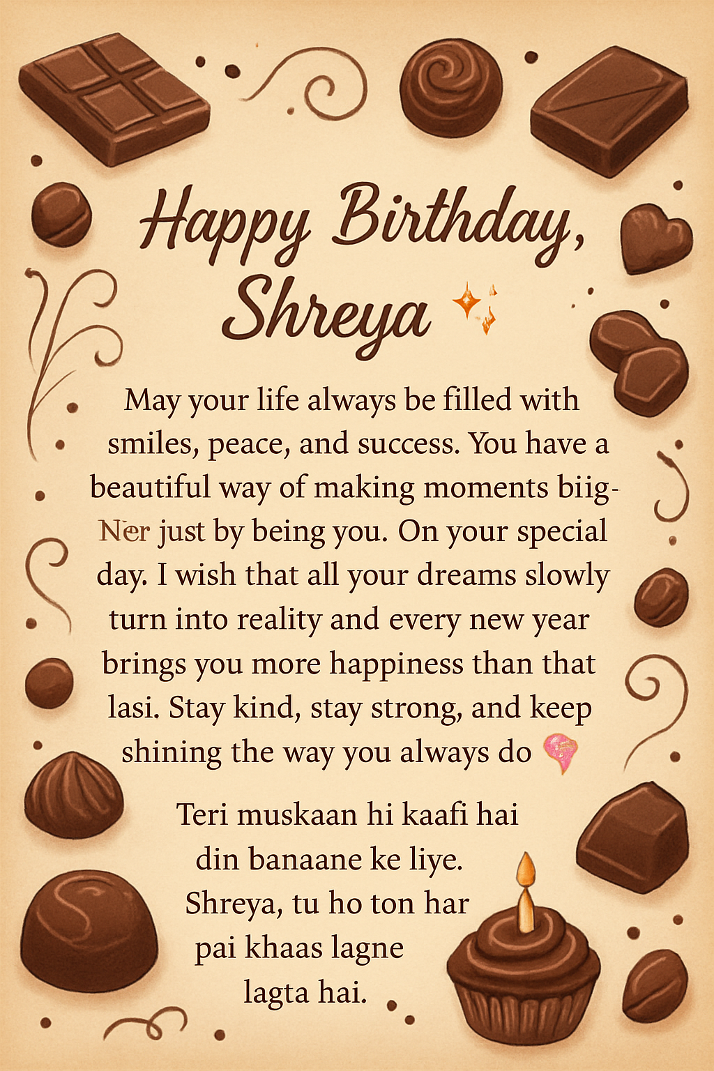 Happy Birthday, Shreya ✨
May your life always be filled with smiles, peace, and success. You have a beautiful way of making moments brighter just by being you. On your special day, I wish that all your dreams slowly turn into reality and every new year brings you more happiness than the last. Stay kind, stay strong, and keep shining the way you always do 💖🎂
Teri muskaan hi kaafi hai din banaane ke liye,
Shreya, tu ho toh har pal khaas lagne lagta hai.
🌸