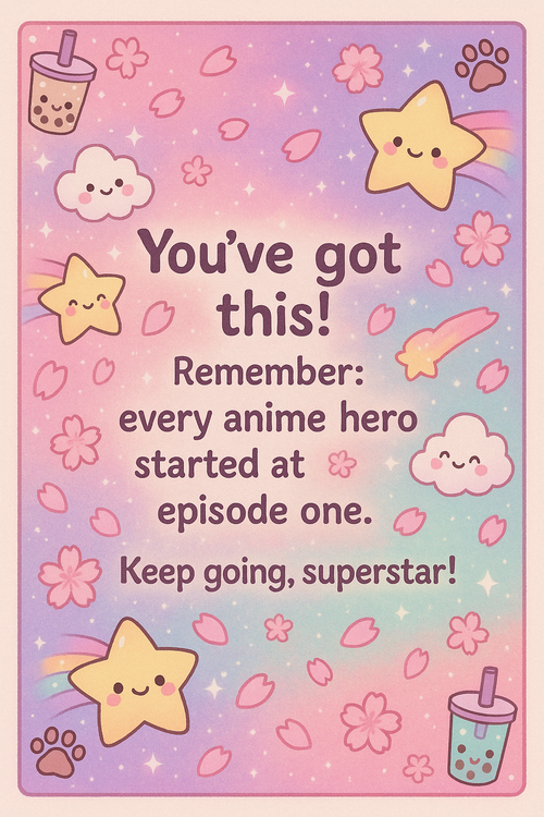 Create a beautiful designed greeting card with the text "You've got this! Remember: every anime hero started at episode one. Keep going, superstar! ✨" and the theme Anime/kawaii pastel galaxy with chibi-style shooting stars, smiling clouds, and cherry blossom petals floating across a gradient sky (pink to purple to mint), with cute boba tea and cat paw prints border