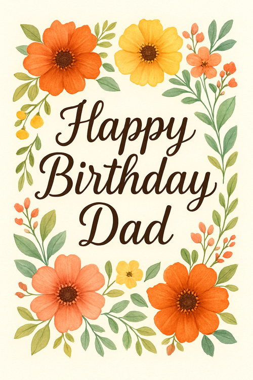 Create a beautiful designed greeting card with the text "Happy Birthday Dad" and the theme Flowers