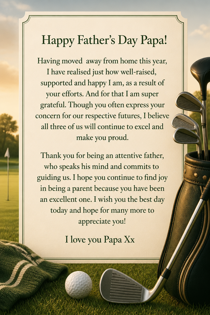 Happy Father’s Day Papa! Having moved away from home this year, I have realised just how well-raised, supported and happy I am, as a result of your efforts. And for that I am super grateful. Though you often express your concern for our respective futures, I believe all three of us will continue to excel and make you proud. Thank you for being an attentive father, who speaks his mind and commits to guiding us. I hope you continue to find joy in being a parent because you have been an excellent one. I wish you the best day today and hope for many more to appreciate you! I love you Papa Xx