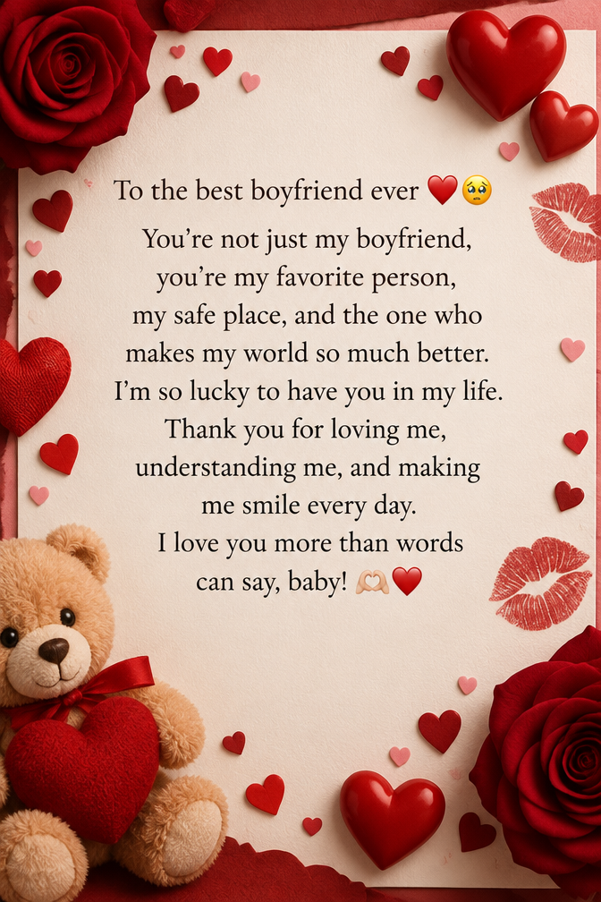 To the best boyfriend ever ❤️🥹 You’re not just my boyfriend, you’re my favorite person, my safe place, and the one who makes my world so much better. I’m so lucky to have you in my life. Thank you for loving me, understanding me, and making me smile every day. I love you more than words can say, baby! 🫶🏻❤️