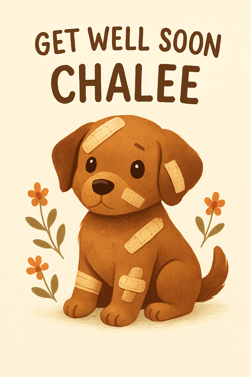 Create a beautiful designed greeting card with the text "Get well soon Chalee" and the theme A puppy with bandages all over it