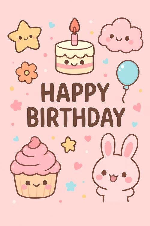 Create a beautiful designed greeting card with the text "Happy Birthday" and the theme Kawaii