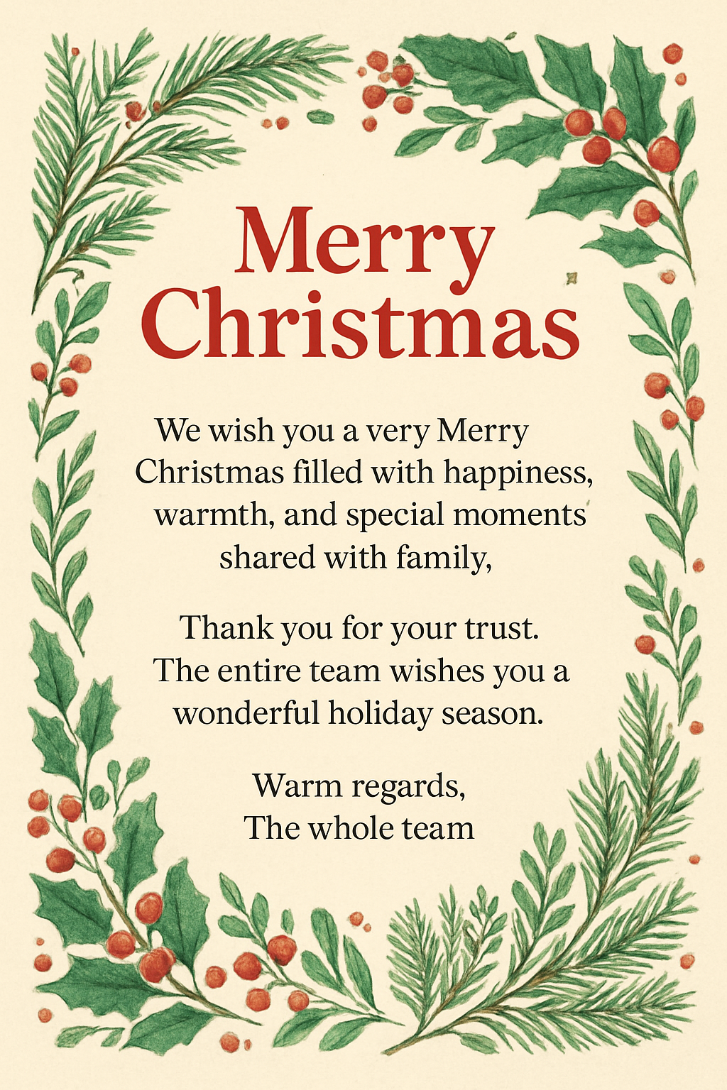 Merry Christmas 🎄
We wish you a very Merry Christmas filled with happiness, warmth, and special moments shared with family.
Thank you for your trust.
The entire team wishes you a wonderful holiday season.
Warm regards,
The whole team
