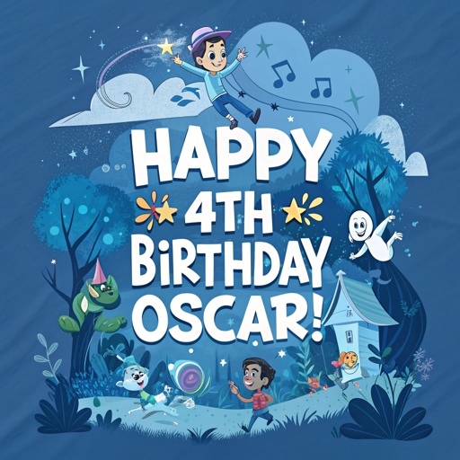 incredible aesthetic and artistic graphic design with the text "Happy 4th Birthday Oscar!" with a theme of Bluey