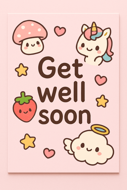 Create a beautiful designed greeting card with the text "Get well soon " and the theme Kawaii