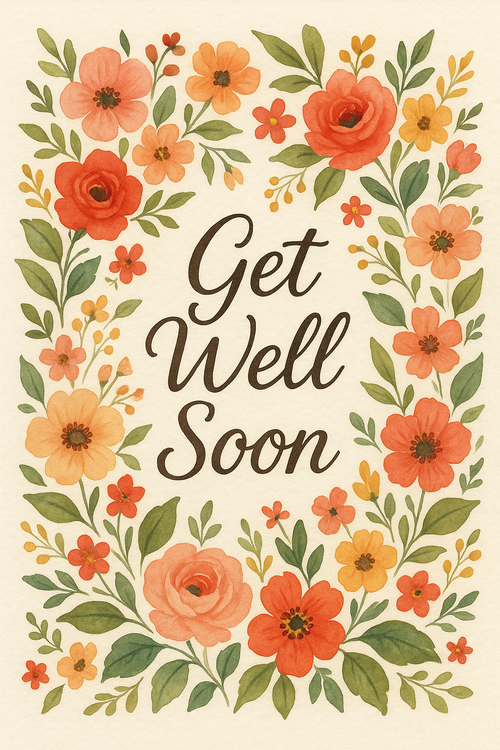 Create a beautiful designed greeting card with the text "Get Well Soon" and the theme Floral