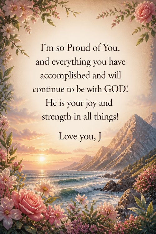 I'm so Proud of You, and everything you have accomplished and will continue to be with GOD! He is your joy and strength in all things! 

Love you, J