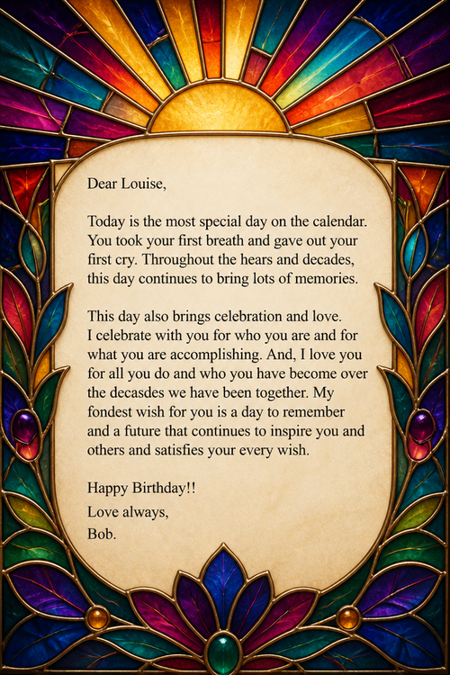 Dear Louise,
Today is the most special day on the calendar. You took your first breath and gave out your first cry. Throughout the hears and decades, this day continues to bring lots of memories.
This day also brings celebration and love. I celebrate with you for who you are and for what you are accomplishing. And, I love you for all you do and who you have become over the decasdes we have been together. My fondest wish for you is a day to remember and a future that continues to inspire you and others and satisfies your every wish.
Happy Birthday!!
Love always,
Bob.