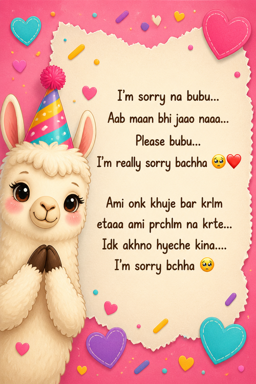 I'm sorry na bubu... Aab maan bhi jaao naaa... Please bubu... I'm really sorry bachha 🥺❤️
Ami onk khuje bar krlm etaaa ami prchlm na krte... Idk akhno hyeche kina.... I'm sorry bchha 🥺