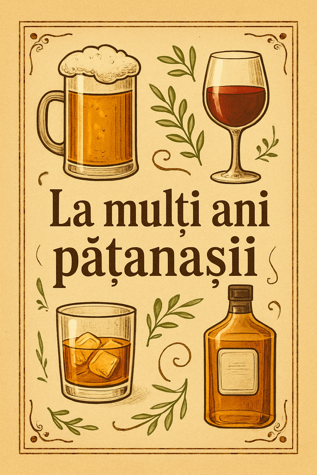 Create a beautiful designed greeting card with the text "La multi ani pațanaşii" and the theme Beer, wine, whisky