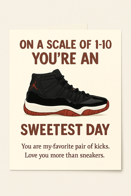 Create a beautiful designed greeting card with the text "Create a card for my boyfriend for sweetest day. Get creative. I want it to be foldable. And “on the front I want it to say on a scale of 1-10 you’re an” with a picture of the Jordan 11 gym shoe in black and red. On the inside I want it to say happy sweetest day Glenn. And I want you to come up with a short message to finish the inside of the card that goes with my theme." and the theme Seeetest day and Jordan sneakers