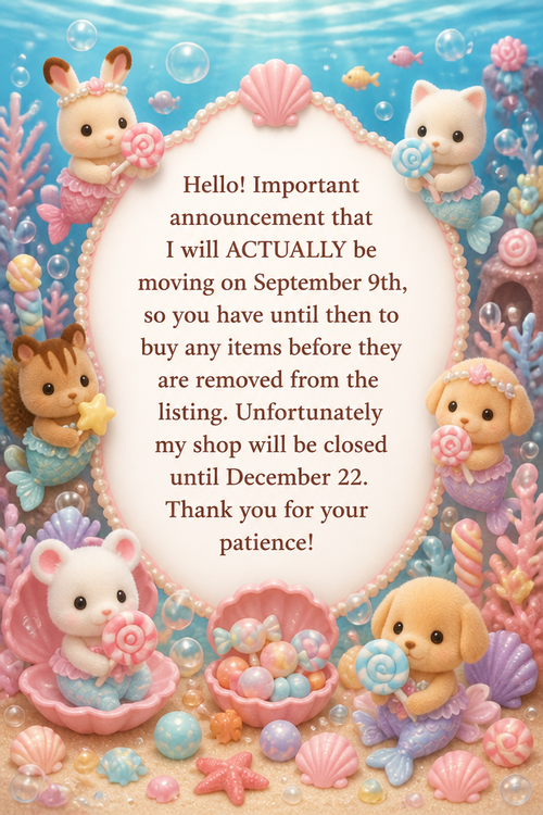 Hello! Important announcement that I will ACTUALLY be moving on September 9th, so you have until then to buy any items before they are removed from the listing. Unfortunately my shop will be closed until December 22. Thank you for your patience!