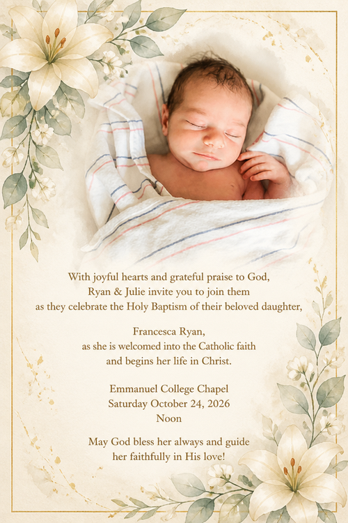 With joyful hearts and grateful praise to God, Ryan & Julie invite you to join them as they celebrate the Holy Baptism of their beloved daughter,
Francesca Ryan, as she is welcomed into the Catholic faith and begins her life in Christ.
Emmanuel College Chapel
Saturday October 24, 2026
Noon
May God bless her always and guide her faithfully in His love!