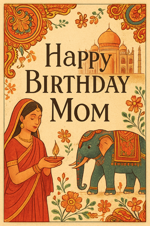Create a beautiful designed greeting card with the text "Happy Birthday Mom" and the theme India