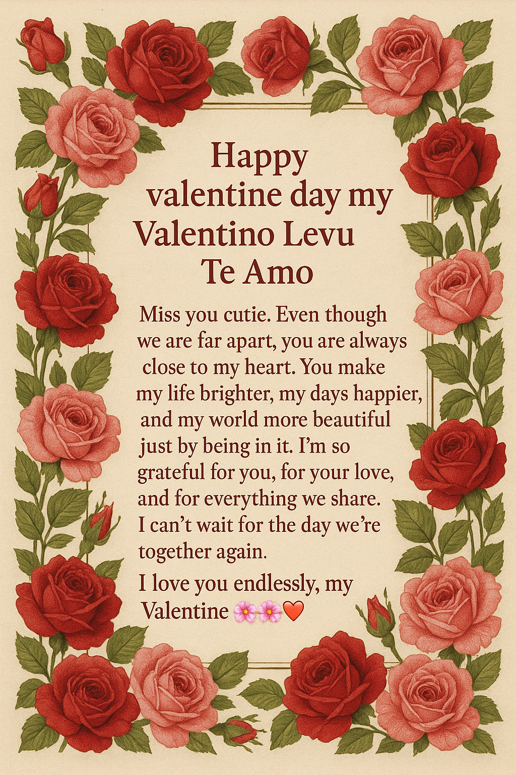 Happy valentine day my Valentino Levu Te Amo. Miss you cutie. Even though we are far apart, you are always close to my heart. You make my life brighter, my days happier, and my world more beautiful just by being in it. I’m so grateful for you, for your love, and for everything we share. I can’t wait for the day we’re together again.
I love you endlessly, my Valentine🌸🌸🌸❤️