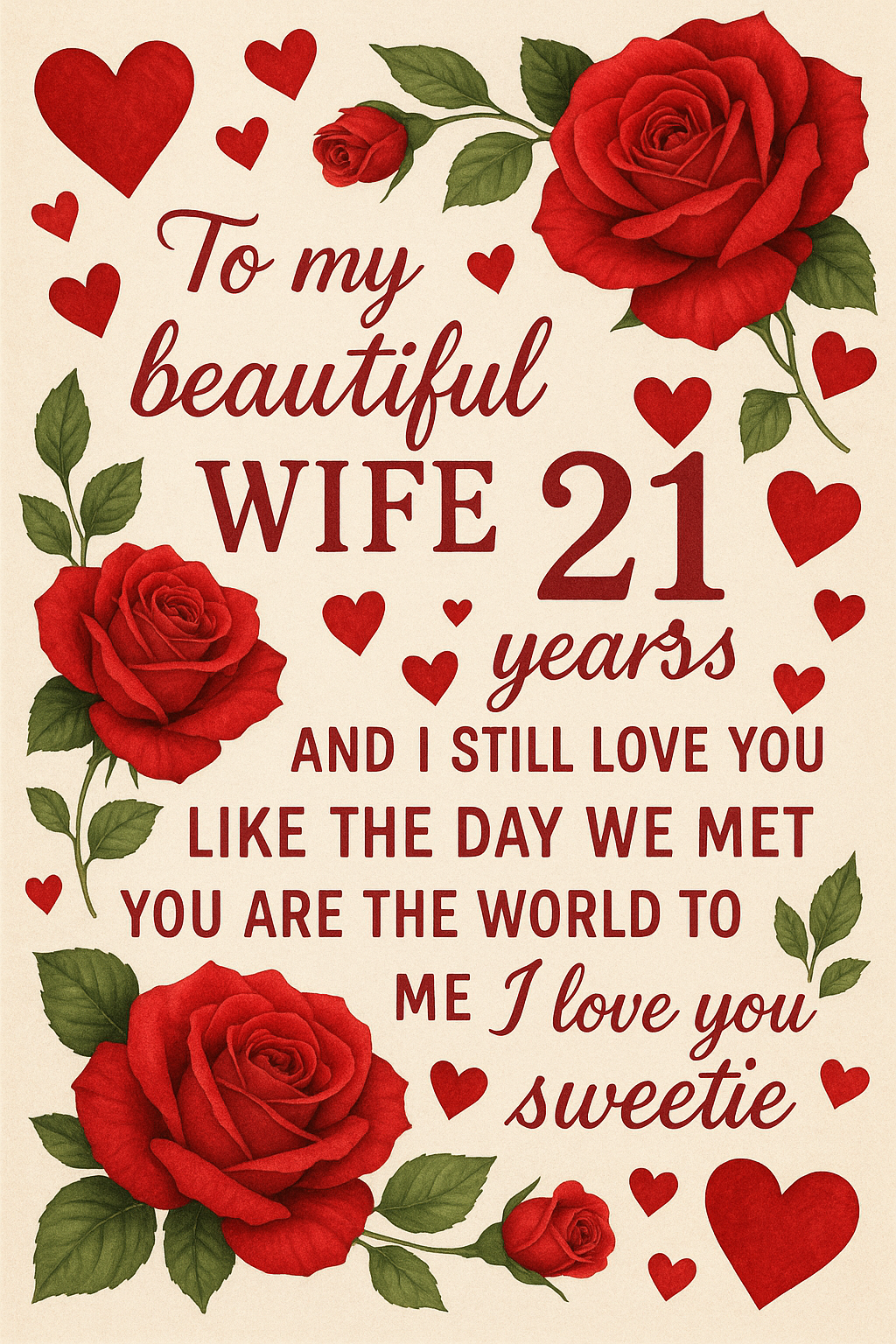 To my beautiful wife 21 years and I still love you like the day we met you are the world to me I love you sweetie