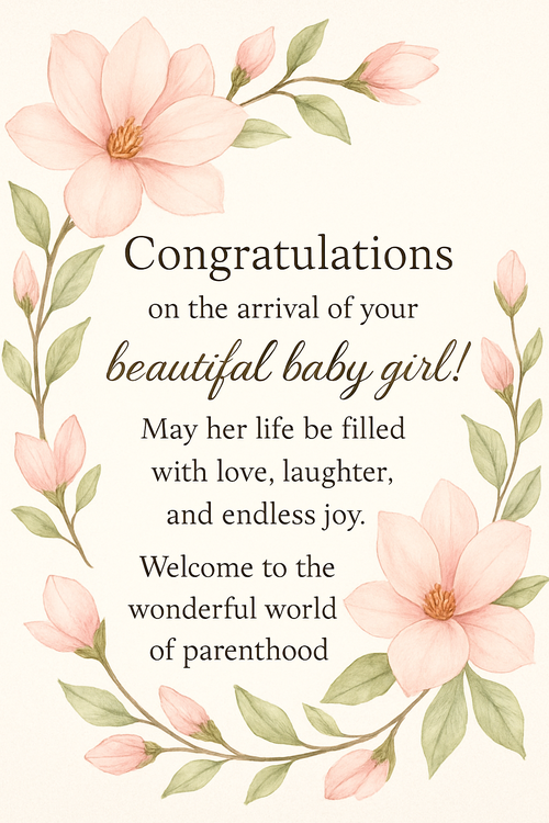 Create a beautiful designed greeting card with the text "Congratulations on the arrival of your beautiful baby girl! May her life be filled with love, laughter, and endless joy. Welcome to the wonderful world of parenthood

" and the theme magnolia flowers 