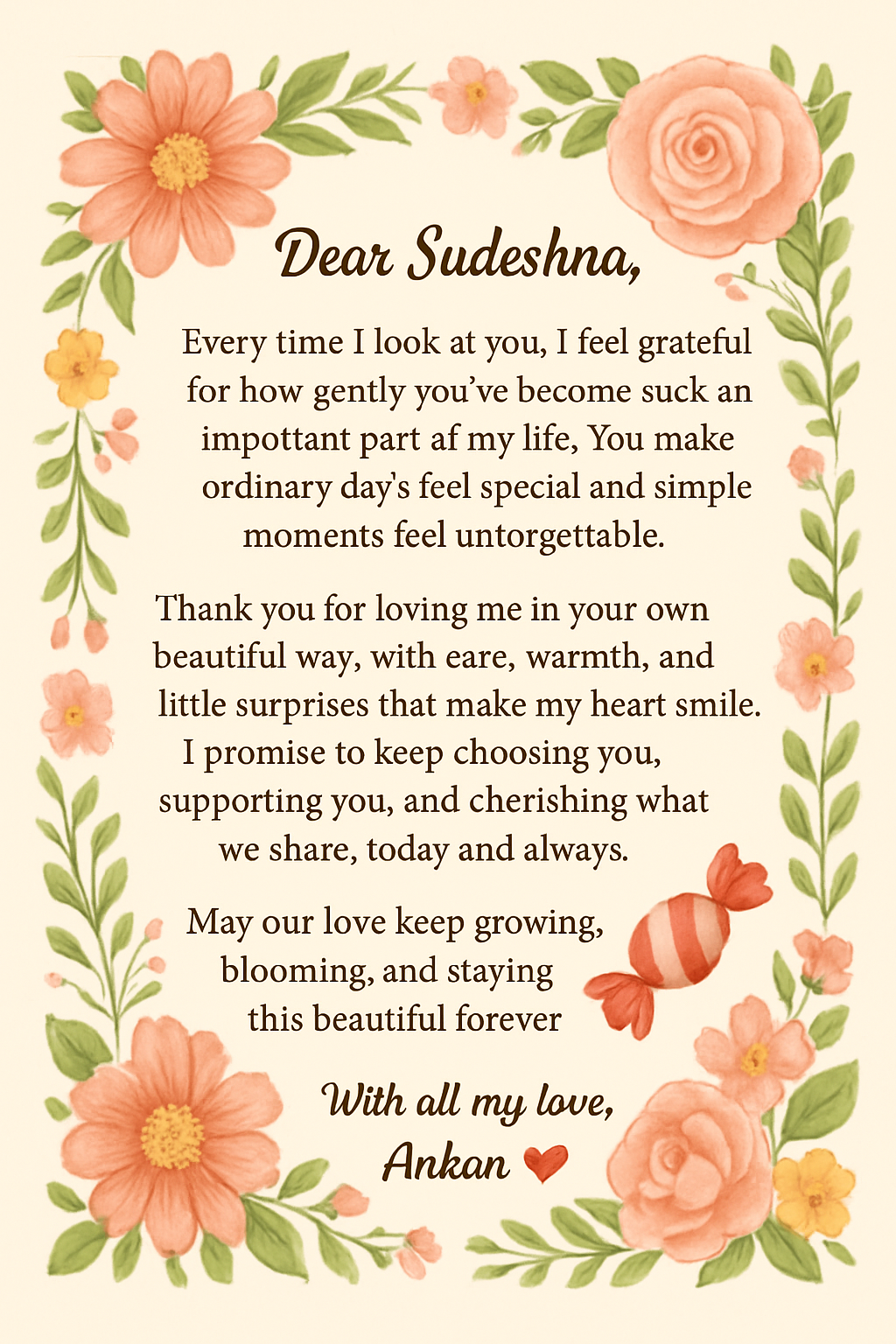 Dear Sudeshna,
Every time I look at you, I feel grateful for how gently you’ve become such an important part of my life. You make ordinary days feel special and simple moments feel unforgettable.
Thank you for loving me in your own beautiful way, with care, warmth, and little surprises that make my heart smile. I promise to keep choosing you, supporting you, and cherishing what we share, today and always.
May our love keep growing, blooming, and staying this beautiful forever 🌸
With all my love,
Ankan ❤️