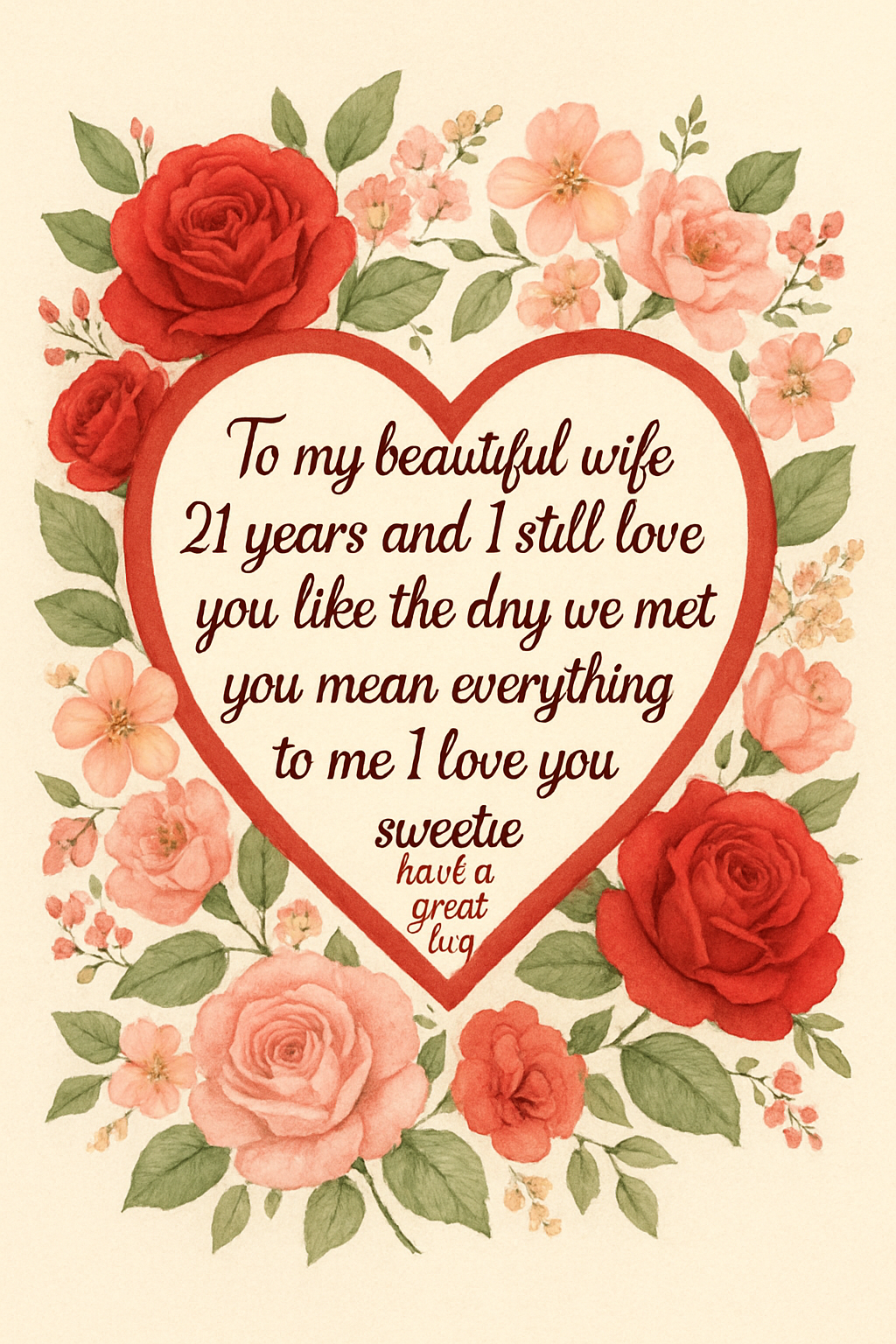 To my beautiful wife 21 years and I still love you like the day we met you mean everything to me I love you sweetie have a great day