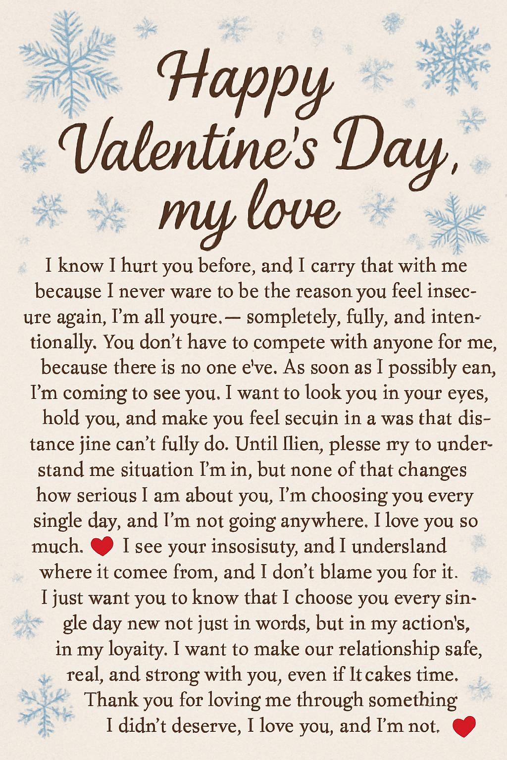 Happy Valentine’s Day, my love. I know I hurt you before, and I carry that with me because I never want to be the reason you feel insecure again. I’m all yours — completely, fully, and intentionally. You don’t have to compete with anyone for me, because there is no one else. As soon as I possibly can, I’m coming to see you. I want to look you in your eyes, hold you, and make you feel secure in a way that distance just can’t fully do. Until then, please try to understand the situation I’m in. but none of that changes how serious I am about you. I’m choosing you every single day, and I’m not going anywhere. I love you so much. ❤️ . I see your insecurity, and I understand where it comes from, and I don’t blame you for it. I just want you to know that I choose you every single day now not just in words, but in my actions, in my loyalty. I want to make our relationship safe, real, and strong with you, even if it takes time. Thank you for loving me through something I didn’t deserve. I love you, and I’m not going anywhere. ❤️