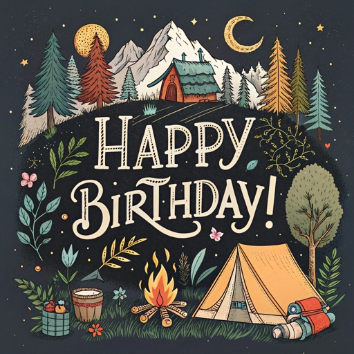 incredible aesthetic and artistic graphic design with the text "Happy Birthday!" with a theme of Camping husband father peepaw