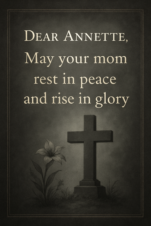 Create a beautiful designed greeting card with the text "Dear Annette May your mom rest in peace and rise in glory " and the theme Somber 