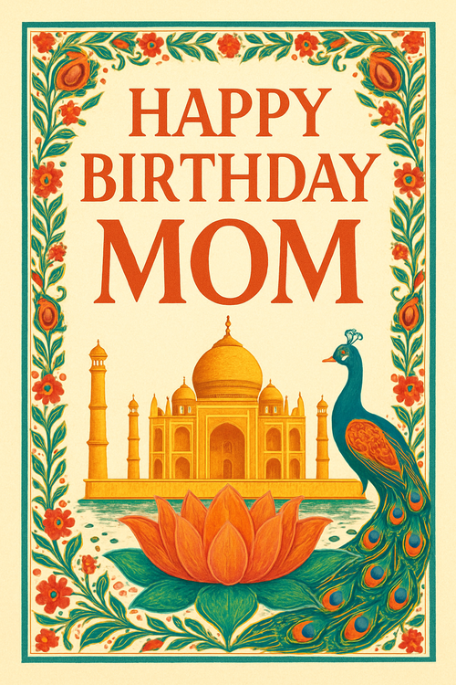 Create a beautiful designed greeting card with the text "Happy Birthday Mom" and the theme India