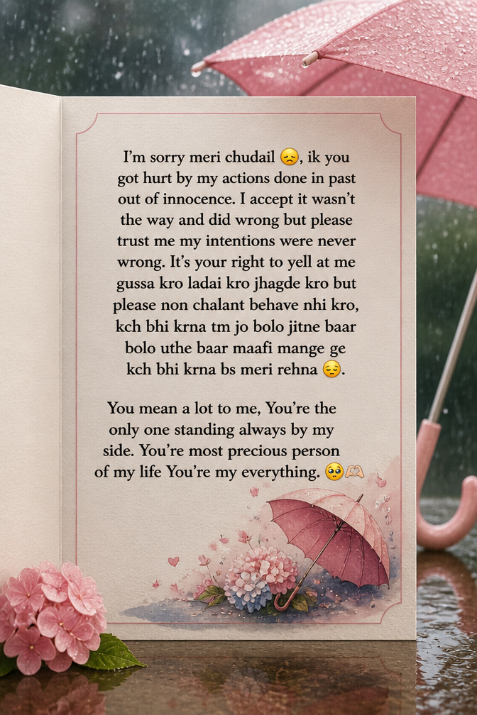 I'm sorry meri chudail 😞, ik you got hurt by my actions done in past out of innocence. I accept it wasn't the way and did wrong but please trust me my intentions were never wrong. It's your right to yell at me gussa kro ladai kro jhagde kro but please non chalant behave nhi kro, kch bhi krna tm jo bolo jitne baar bolo uthe baar maafi mange ge kch bhi krna bs meri rehna 😔.
You mean a lot to me, You're the only one standing always by my side. You're most precious person of my life You're my everything. 🥺🫶
