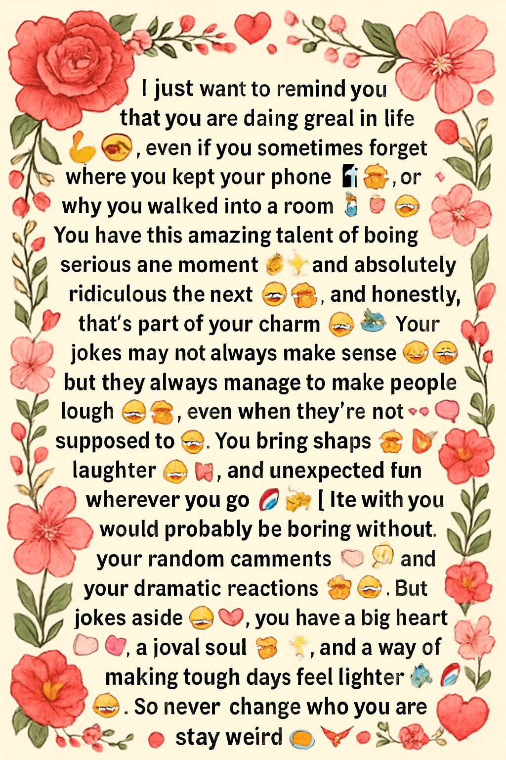 I just want to remind you that you are doing great in life 💪😎, even if you sometimes forget where you kept your phone 📱🤦♂️ or why you walked into a room 🚶♂️❓😂. You have this amazing talent of being serious one moment 😐✨ and absolutely ridiculous the next 🤪🔥, and honestly, that’s part of your charm 😌💙. Your jokes may not always make sense 🤔😂, but they always manage to make people laugh 🤣👏, even when they’re not supposed to 😜. You bring chaos 🌪️😂, laughter 😄💥, and unexpected fun wherever you go 🚀🎉. Life with you would probably be boring without your random comments 💬🤡 and your dramatic reactions 🎭😂. But jokes aside 🙃❤️, you have a big heart 🤍💖, a loyal soul 🤝✨, and a way of making tough days feel lighter 🌧️➡️🌈. So never change who you are 😎🔥—stay weird 🤪, stay funny 😂, and stay being the one who makes everyone smile 😁💙
