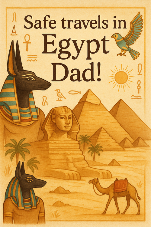 Create a beautiful designed greeting card with the text "Safe travels in Egypt Dad!" and the theme Egypt