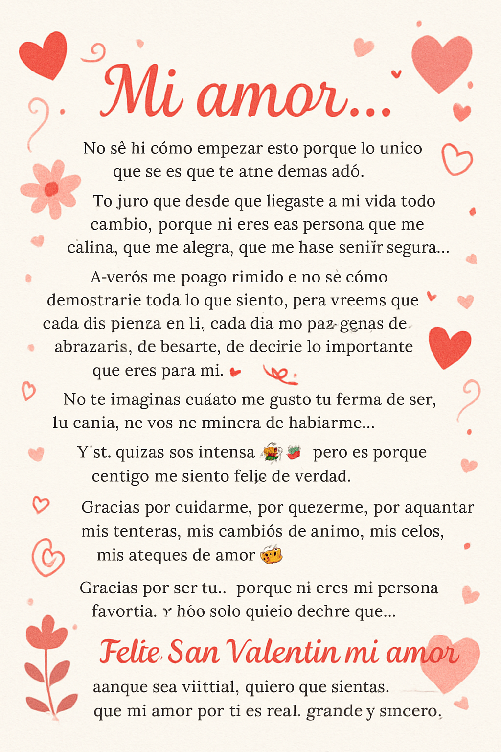 Mi amor…
no sé ni cómo empezar esto porque lo único que sé es que te amo demasiado.
Te juro que desde que llegaste a mi vida todo cambió, porque tú eres esa persona que me calma, que me alegra, que me hace sentir segura…
A veces me pongo tímida o no sé cómo demostrarte todo lo que siento, pero créeme que cada día pienso en ti, cada día me dan ganas de abrazarte, de besarte, de decirte lo importante que eres para mí.
No te imaginas cuánto me gusta tu forma de ser, tu carita, tu voz, tu manera de hablarme…
Y sí, quizás soy intensa 😭💘 pero es porque contigo me siento feliz de verdad.
Gracias por cuidarme, por quererme, por aguantar mis tonteras, mis cambios de ánimo, mis celos, mis ataques de amor 😽
Gracias por ser tú… porque tú eres mi persona favorita.
Y hoy solo quiero decirte que…
Feliz San Valentín mi amor 💘
aunque sea virtual, quiero que sientas que mi amor por ti es real, grande y sincero.