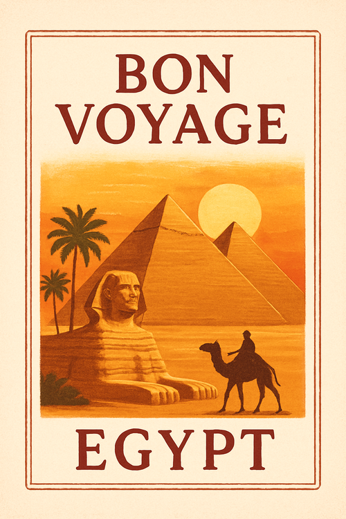 Create a beautiful designed greeting card with the text "Bon Voyage" and the theme Egypt, Cairo, Pyramids