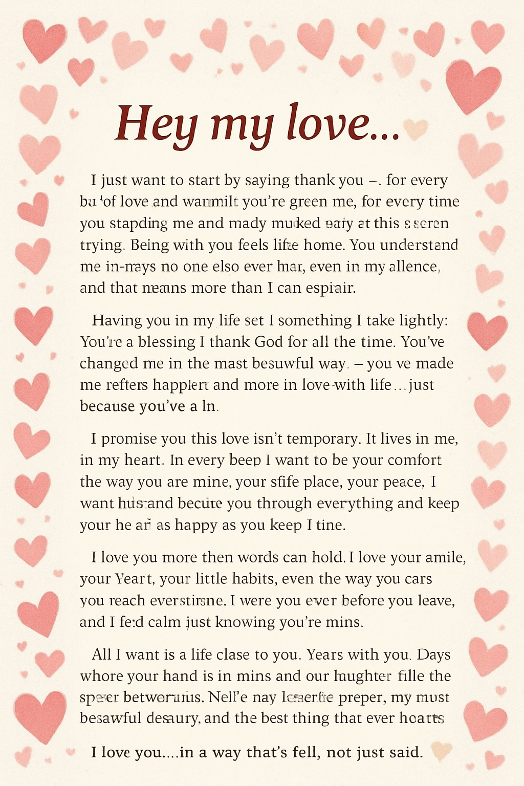 Hey my love… 🤍
I just want to start by saying thank you — for every bit of love and warmth you’ve given me, for every time you stood by me and made me feel safe without even trying. Being with you feels like home. You understand me in ways no one else ever has, even in my silence, and that means more than I can explain.
Having you in my life isn’t something I take lightly. You’re a blessing I thank God for all the time. You’ve changed me in the most beautiful way — you’ve made me softer, happier, and more in love with life… just because you’re in it.
I promise you this love isn’t temporary. It lives in me, in my heart, in every beat. I want to be your comfort the way you are mine, your safe place, your peace. I want to stand beside you through everything and keep your heart as happy as you keep mine.
I love you more than words can hold. I love your smile, your voice, your little habits, even the way you care too much sometimes. I miss you even before you leave, and I feel calm just knowing you’re mine.
All I want is a life close to you. Years with you. Days where your hand is in mine and our laughter fills the space between us. You’re my favorite prayer, my most beautiful destiny, and the best thing that ever happened to me.
If someone asks me what love is, I’ll think of you.
If they ask me what safety feels like, I’ll think of your arms.
And if I ever wish for anything, it will always be you — staying close to my heart, always.
I love you… in a way that’s felt, not just said. 🤍
https://on.soundcloud.com/OXiLKeSxHQyuoG5DHs