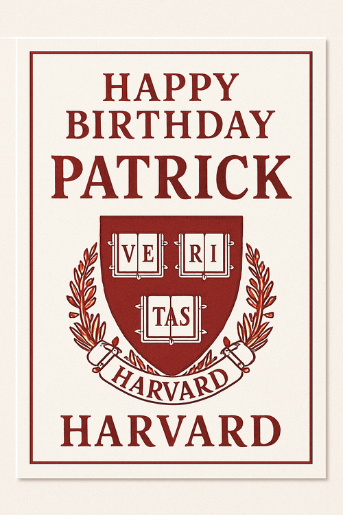 Create a beautiful designed greeting card with the text "Happy Birthday Patrick" and the theme Harvard