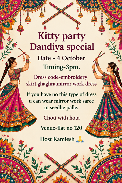 Kitty party Dandiya special  Date - 4 October  Timing-3pm. Dress code-embroidery skirt,ghaghra,mirror work dress If you have no this type of dress u can wear mirror work saree in seedhe palle. Choti with hota Venue-flat no 120 Host Kamlesh 🙏
