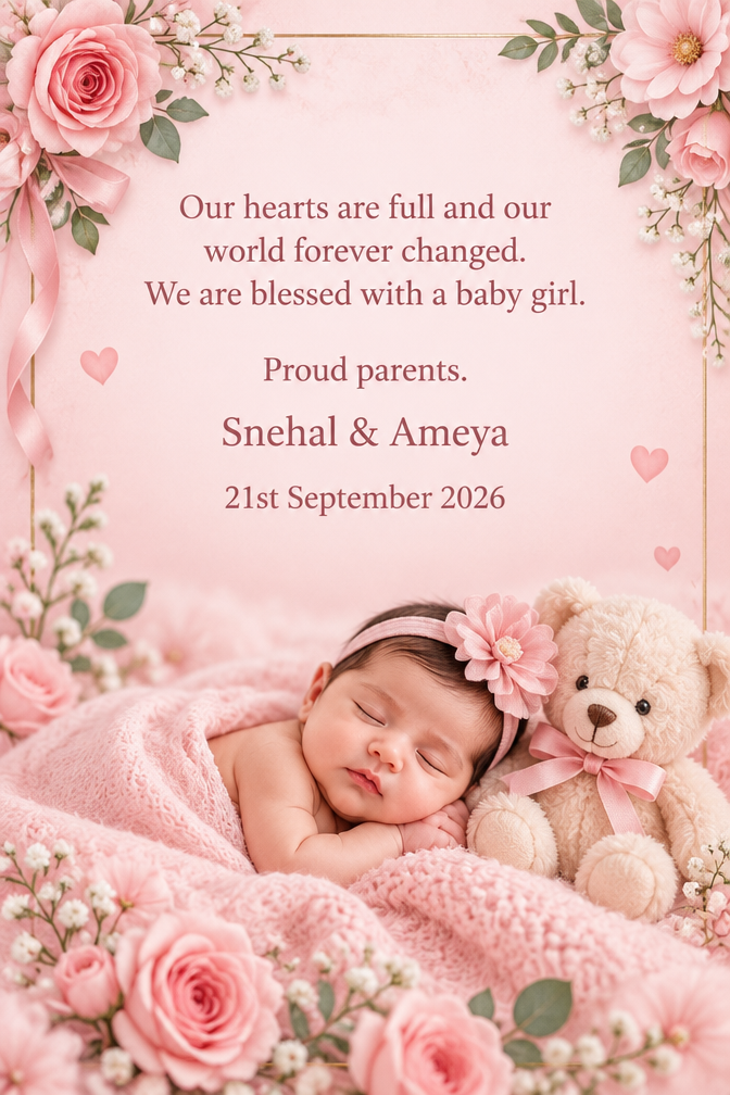 Our hearts are full and our world forever changed. We are blessed with a baby girl. Proud parents.
Snehal & Ameya
21st September 2026