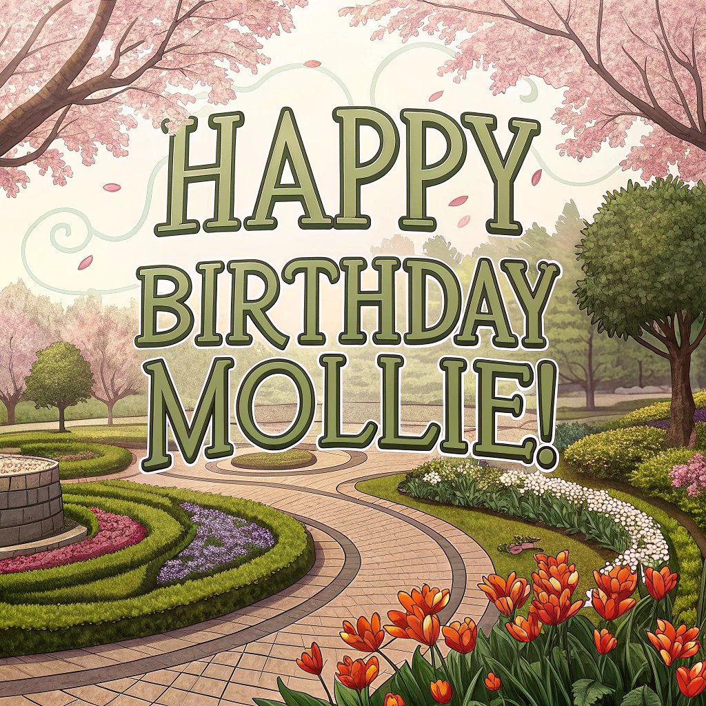 incredible aesthetic and artistic graphic design with the text "Happy Birthday Mollie!" with a theme of Flowers park