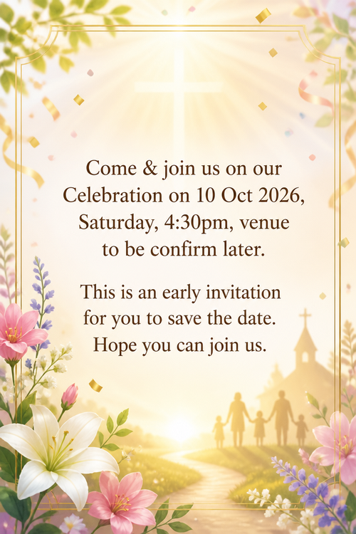 Come & join us on our Celebration on 10 Oct 2026, Saturday, 4:30pm, venue to be confirm later.
This is an early invitation for you to save the date. Hope you can join us.