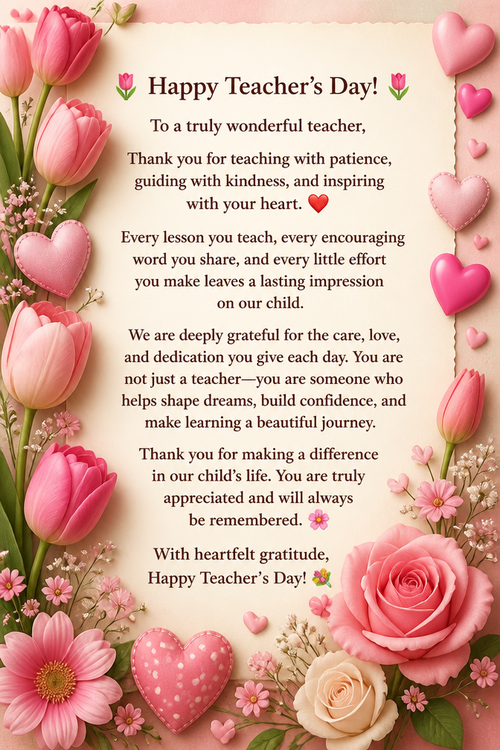 🌷 Happy Teacher’s Day! 🌷 To a truly wonderful teacher, Thank you for teaching with patience, guiding with kindness, and inspiring with your heart. ❤️ Every lesson you teach, every encouraging word you share, and every little effort you make leaves a lasting impression on our child. We are deeply grateful for the care, love, and dedication you give each day. You are not just a teacher—you are someone who helps shape dreams, build confidence, and make learning a beautiful journey. Thank you for making a difference in our child’s life. You are truly appreciated and will always be remembered. 🌸 With heartfelt gratitude, Happy Teacher’s Day! 💐