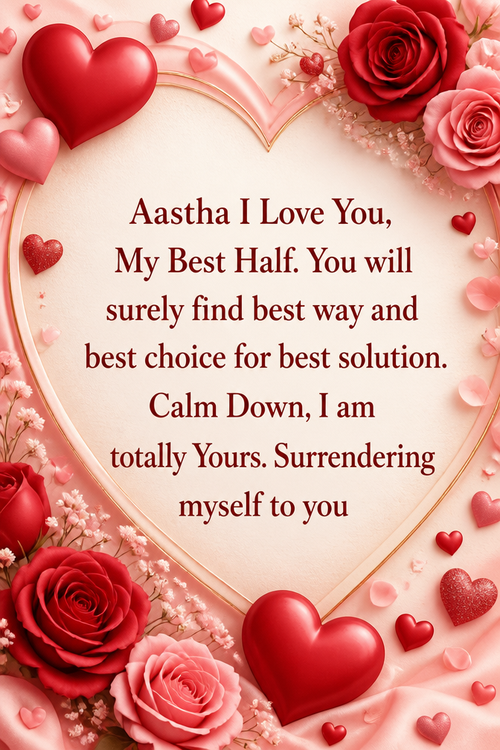 Aastha I Love You, My Best Half. You will surely find best way and best choice for best solution.
Calm Down, I am totally Yours. Surrendering myself to you