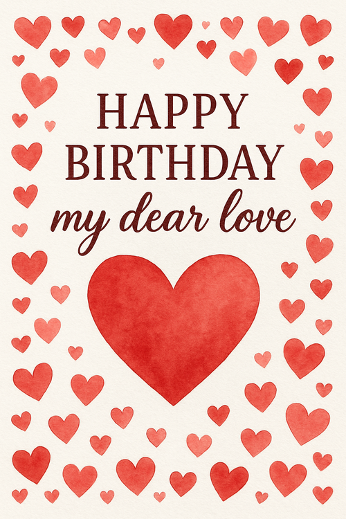 Create a beautiful designed greeting card with the text "Happy birthday my dear love" and the theme Heart