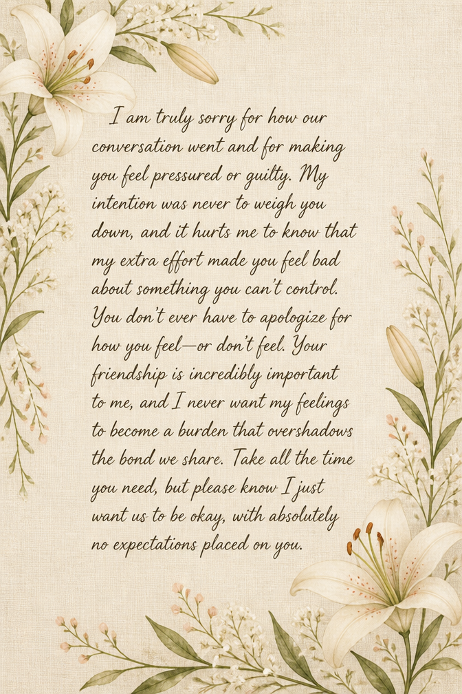 I am truly sorry for how our conversation went and for making you feel pressured or guilty. My intention was never to weigh you down, and it hurts me to know that my extra effort made you feel bad about something you can't control. You don’t ever have to apologize for how you feel—or don't feel. Your friendship is incredibly important to me, and I never want my feelings to become a burden that overshadows the bond we share. Take all the time you need, but please know I just want us to be okay, with absolutely no expectations placed on you.