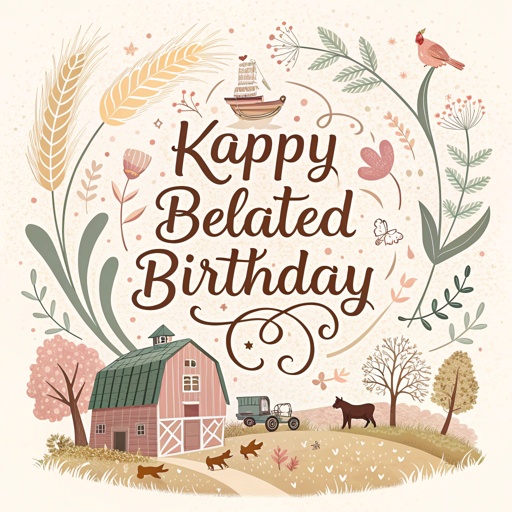 incredible aesthetic and artistic graphic design with the text "Happy Belated Birthday Kathryn!" with a theme of Mom farm baby boy husband 