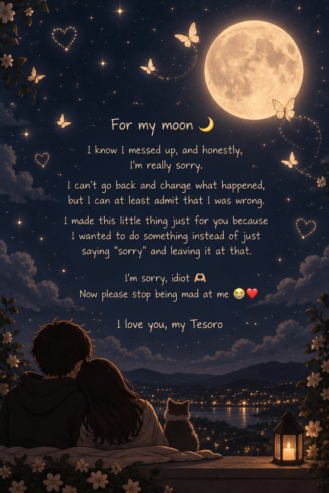 For my moon 🌙
I know I messed up, and honestly, I'm really sorry.
I can't go back and change what happened, but I can at least admit that I was wrong.
I made this little thing just for you because I wanted to do something instead of just saying “sorry” and leaving it at that.
I'm sorry, idiot 🫶
Now please stop being mad at me 😭❤️
I love you, my Tesoro