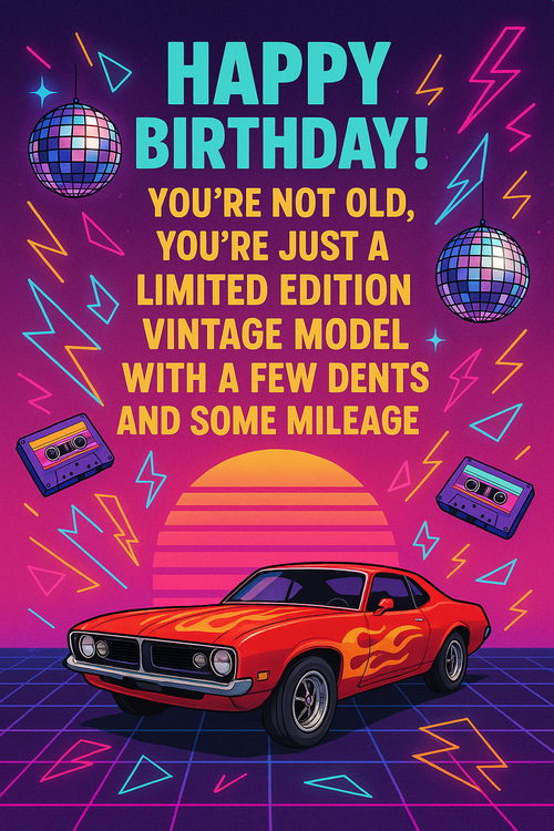 Create a beautiful designed greeting card with the text "Happy Birthday! You're not old, you're just a limited edition vintage model with a few dents and some mileage" and the theme Retro 80s vaporwave aesthetic with disco balls, cassette tapes, neon geometric shapes, and a vintage car with flame decals on a hot pink sunset grid background